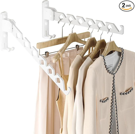 Dr.DJ Wall Mount Coat Hanger Holder White Clothes Drying Organizer Rack Garment Hooks Aluminium Retractable Folding Indoor Wall Mounted Hanger Space Saver for Laundry Room Bedroom White 2Pack-NeatNest