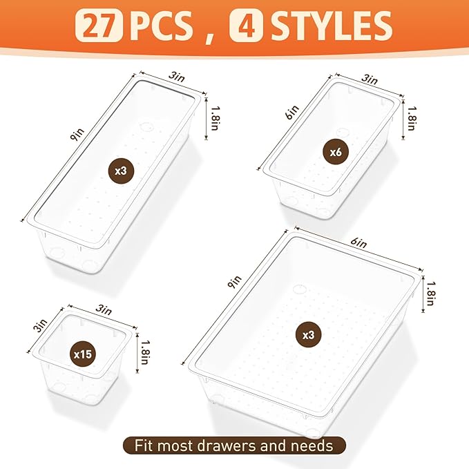 27 PCS Clear Plastic Drawer Organizers Set, 4-Size Versatile Bathroom and Vanity Drawer Organizer Trays, Storage Bins for Makeup, Bedroom, Kitchen Gadgets Utensils and Office-NeatNest