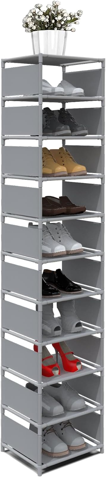 Vertical Shoe Rack, 10 Tier Grey Narrow Shoe Organizer for Closet Entryway, Tall Slim Shoe Tower for Small Spaces, Space Saving Corner Shoe Shelf-NeatNest