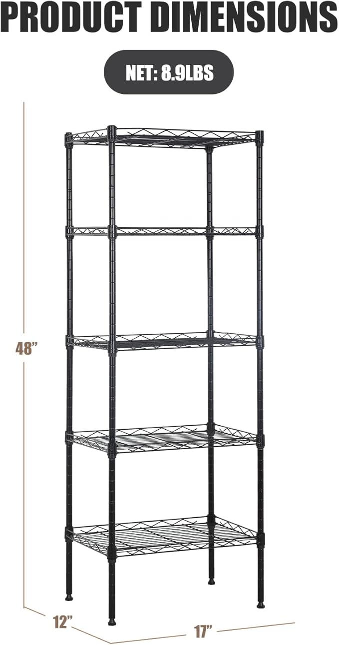 5-Tier Metal Shelving Unit Storage Shelves Metal Shelves 48"x17"x12" Heavy Duty Metal Storage Rack Wire Rack NSF Height Adjustable for Home Kitchen Bathroom Garage Shelving(Black)