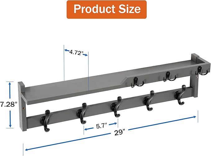 29'' Coat Rack Wall Mount with Shelf, Coat Hanger with Key Hooks and Mail Holder, Wood Entryway Wall Floating Shelf with Hooks and Storage, Hat Rack Key Holder Mail Organizer