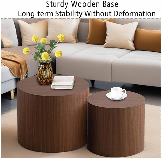 Modern Round Wooden Nesting Circle Coffee Table Set of 2 with Non-Slip Feet, Accent Side End Table, Saving Space Design and No Need Assembly,D