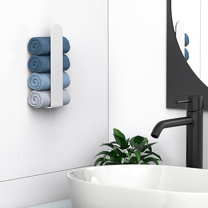 HUFEEOH Adhesive Hand Towel Holder, Kitchen Towel Rack Towel Bars Wall Mounted, Stainless Steel Bath Towel Holder for Bathroom Hotel Kitchen (8 inch, White)