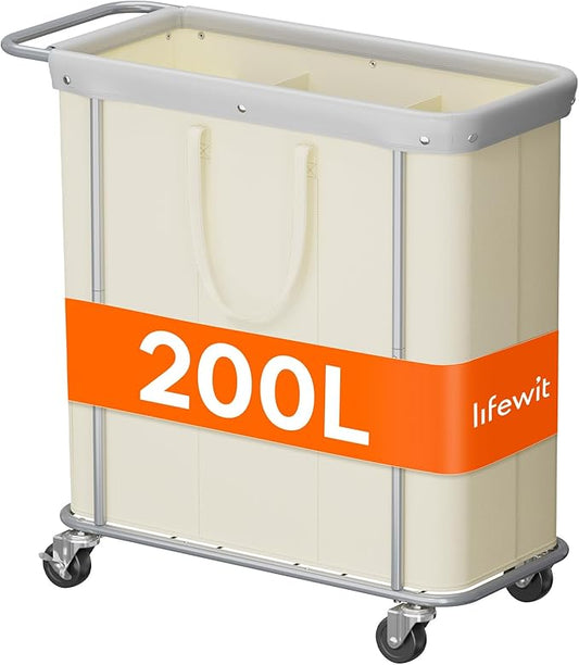 Lifewit 200L Large Laundry Basket with Wheels, Tall 3 Section Laundry Hamper Organizer, Rolling Laundry Cart with Steel Frame & Removable Bag for Luandry Room Bathroom Bedroom, White