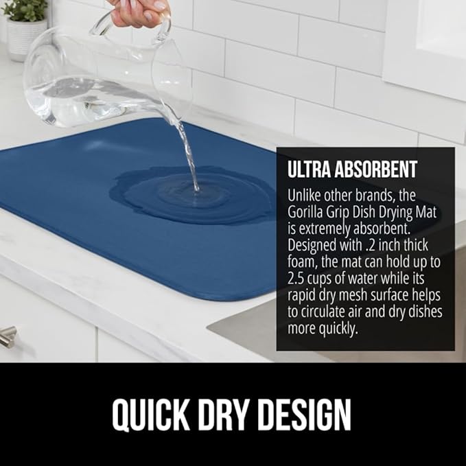 GORILLA GRIP Ultra Water Absorbent Microfiber Dish Drying Mat, 18x32, Quick Dry Thick Mesh, Slip Resistant Pad for Sink Dishes or Under Rack, Kitchen Counter Accessories, Machine Wash, Blue