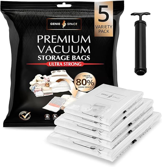 GENIE SPACE Vacuum Storage Bags - Variety Pack of 5 | 1 Max + 2 Extra Large + 2 Large | Premium Strong, Airtight & Reusable Space Saving Vacuum Bags for Clothes & Bedding | Includes Travel Pump-NeatNest
