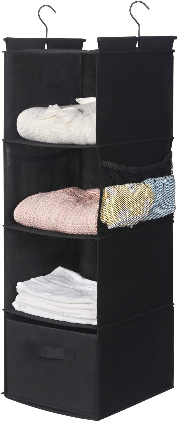 MAX Houser 4-Shelf Hanging Closet Organizer, Space Saver, Cloth Hanging Shelves with 2 Side Pockets, Foldable (Black)-NeatNest