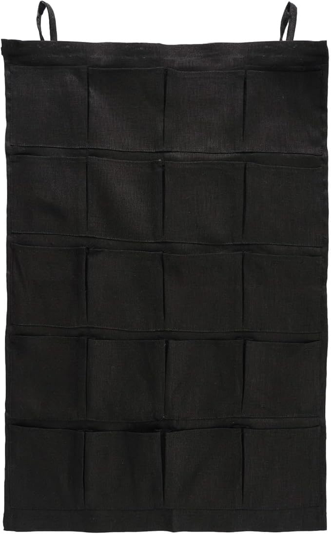 100% Linen Hanging Storage Bag with 20 Pockets, Wall Hang Over The Door Closet Organizer for Socks Underpants, Black