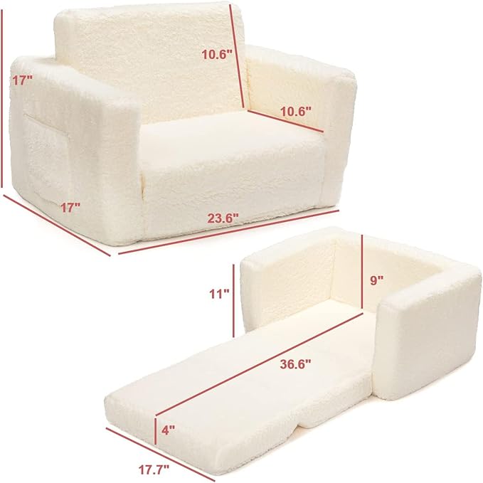 ALIMORDEN 2-in-1 Flip Out Cuddly Sherpa Kids Couch, Convertible Sofa to Lounger, Cream-NeatNest
