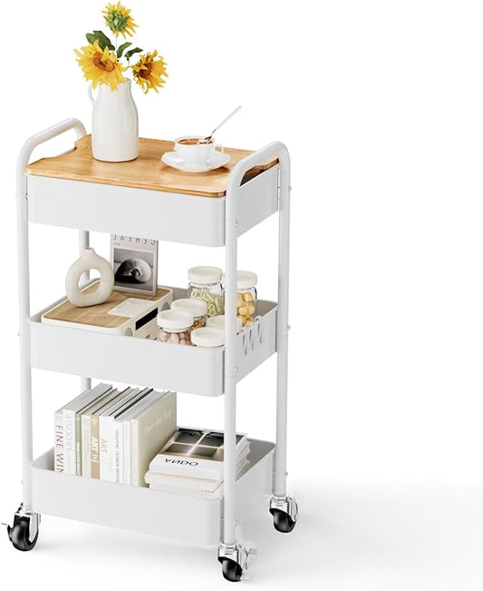 3 Tier Rolling Cart with Table top, Metal Rolling Utility Cart on Wheels, Sturdy Storage Organizer Cart with Hooks for Office, Classroom, Kitchen and Bathroom (White)-NeatNest