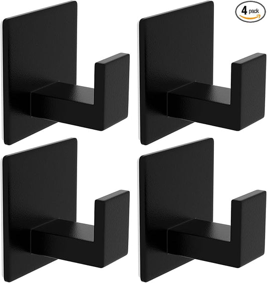Adhesive Towel Hooks, Shower Hooks for Hanging Robe, Coat, Hat, Loofah, Heavy Duty Wall Hooks Stick on Bathroom, Kitchen and Office (4 Pack, Black)