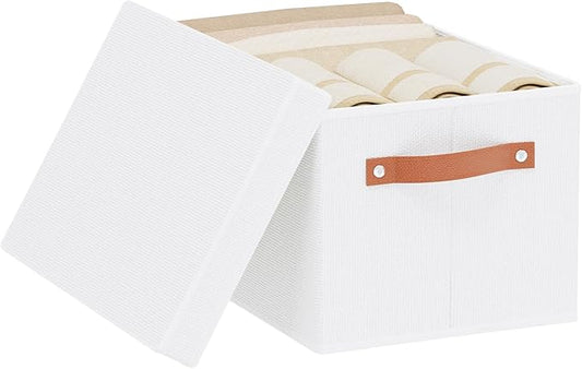 Fabric Storage Bins, Clothes Boxes for Shelves with Lids, Baskets for Organizing with Handles, Decorative Linen Closet Organizers, White, 1 Pack, 15 x 9.8 x 8.3 Inch-NeatNest