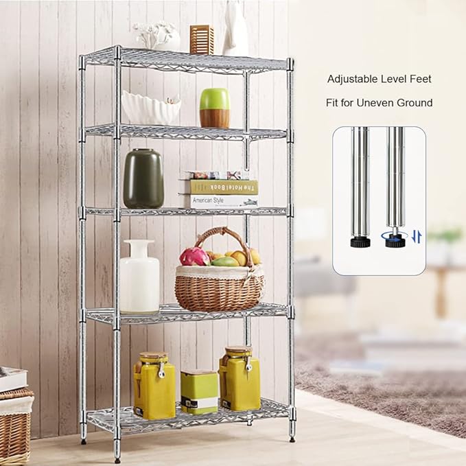 BNSPLY 5 Tier Wire Shelving Unit, Height Adjustable Wire Shelves with NSF Certified, Metal Storage Rack Shelf Unit for Laundry, Kitchen, Bathroom, Pantry, Closet (14" D x 35.5" W x 71" H, Chrome)-NeatNest
