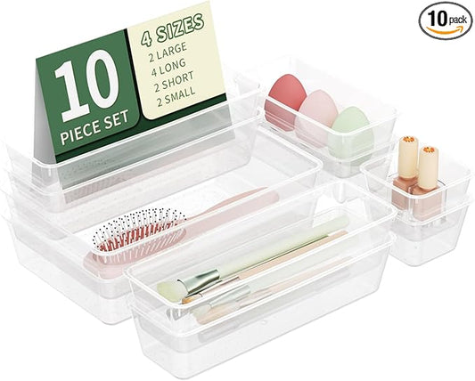 10 PCS Clear Drawer Organizer Set, 4 Sizes Plastic Makeup Organizer Trays with Non-Slip Silicone Pads, Desk Organization and Storage Bins for Vanity, Bathroom, Office, Kitchen, Fridge, School-NeatNest