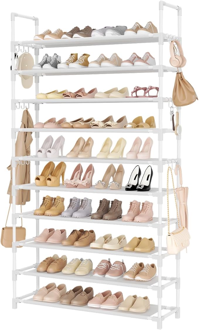 Tall Shoe Rack 10 Tier Shoe Organizer Large Shoe Shelf with 18 Hooks Storage for 50 Pair Sneaker and Boot, Stackable Vertical Shoe Rack Organizer for Closet, Entryway, Bedroom, White-NeatNest