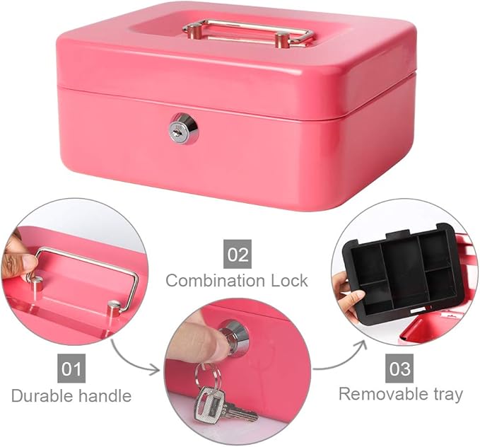Decaller Cash Box with Money Tray, Metal Locking Money Box with Key Lock for Security, 7 4/5" x 6 4/5" x 3 3/5", Pink-NeatNest