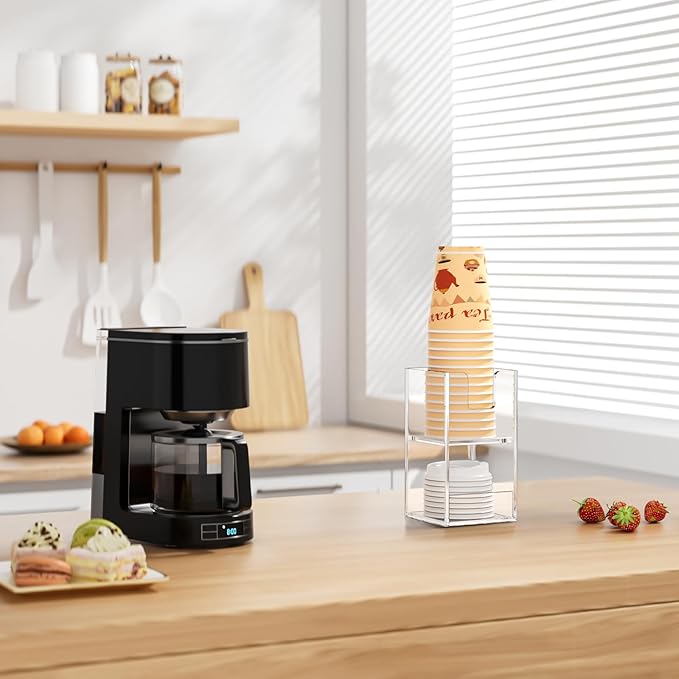 Coffee Condiment and Cup Organizer - 2-Tier Upright Cup and Lid Holder with Straw Organizer 2 Compartments Clear Acrylic Cup Dispenser for Restaurant Breakroom Coffee Station Countertop-NeatNest