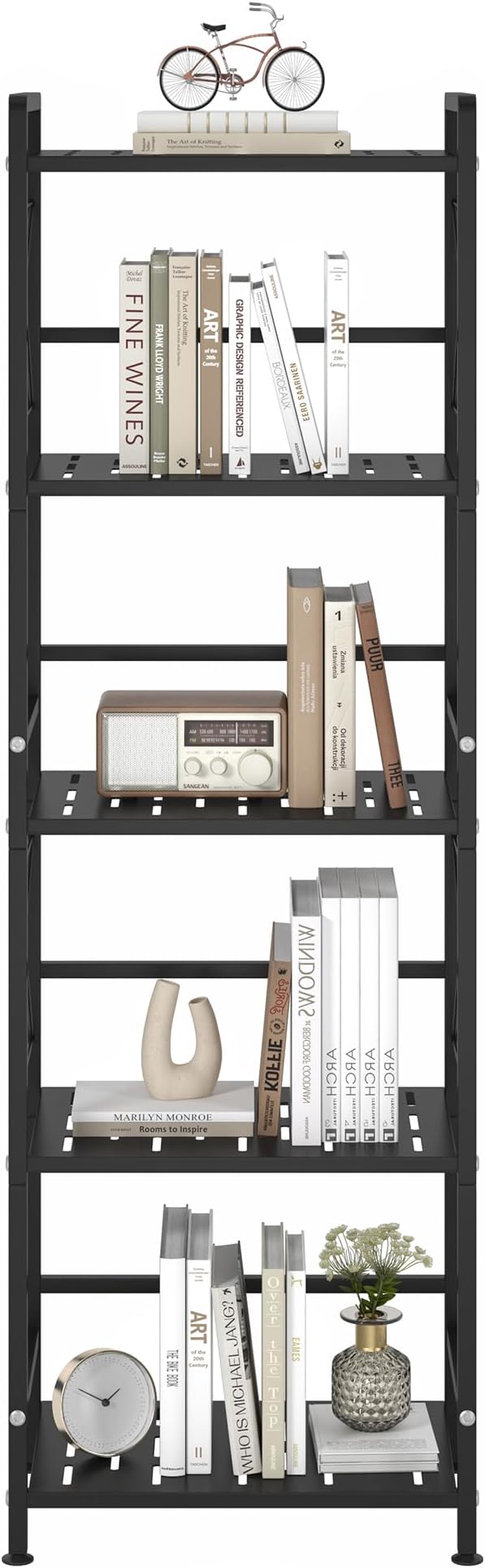 JSB 5 Tier Metal Bookshelf Bathroom Storage Standing Shelf Unit Kitchen Storage Organizer Display Rack Bookcases Shelves for Living Room, Bedroom, Office (Widen Black, 5 Tier)