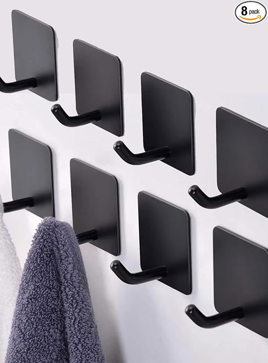 Adhesive Towel Hooks for Bathrooms, 8 Piece Towel Hooks for Hanging Hat Robe Coat, Stick on Hooks for Kitchens, Strong Self-Adhesive No Damage Sticky Hook, Black