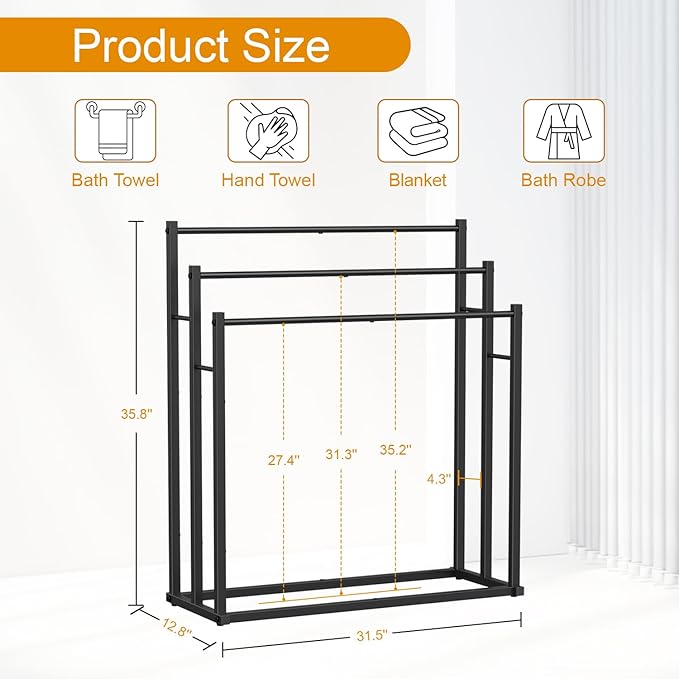Honiter Towel Racks for Bathroom, 3 Tier Wide Towel Drying Rack Outdoor, Free Standing Towel Rack, Pool Towel Blanket Stand and Display Rack for Oversized Bath Towels, Black