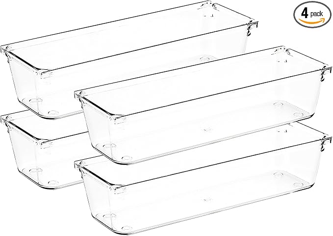 4 Pack Drawer Organizer - 3" X 9" Clear Acrylic Storage Bins with Non-Slip Pads, Versatile Desk Tray for Makeup, Jewelry, Kitchen, Bathroom, and Office Organization-NeatNest