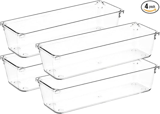 4 Pack Drawer Organizer - 3" X 9" Clear Acrylic Storage Bins with Non-Slip Pads, Versatile Desk Tray for Makeup, Jewelry, Kitchen, Bathroom, and Office Organization-NeatNest