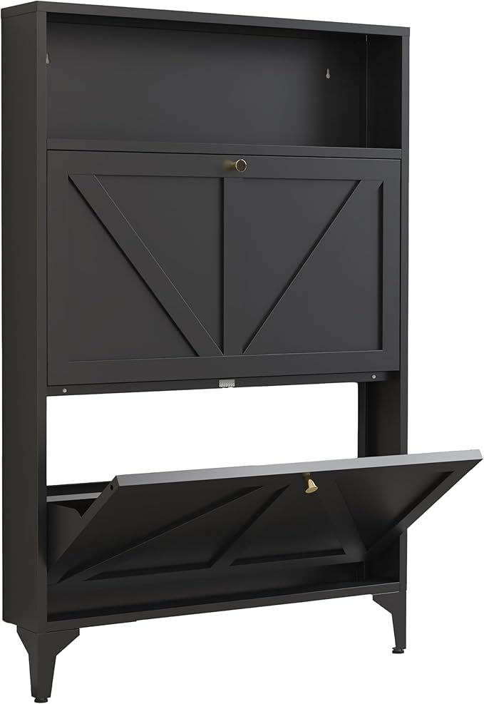 Shoe Cabinet with 2 Flip Drawers, Farmhouse Shoe Organizer, Narrow Shoe Rack Cabinet, Freestanding Shoe Storage Cabinet with Open Storage for Entryway, Foyer, Hallway, Black (2 Door, Black)