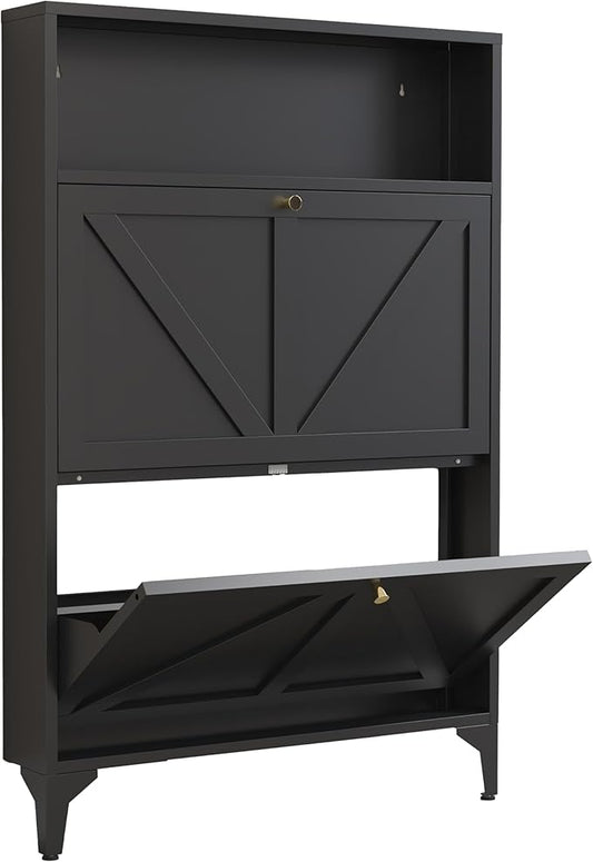 Shoe Cabinet with 2 Flip Drawers, Farmhouse Shoe Organizer, Narrow Shoe Rack Cabinet, Freestanding Shoe Storage Cabinet with Open Storage for Entryway, Foyer, Hallway, Black (2 Door, Black)