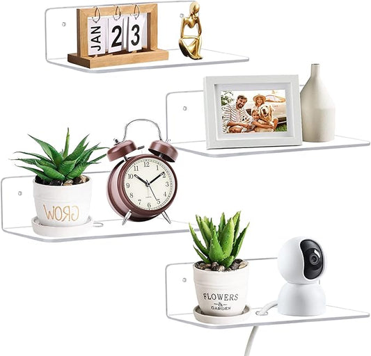 9 Inch Acrylic Floating Shelf, No Drill Adhesive Wall Shelf Set of 4 for Storage, Floating Shelves Damage-Free Expand Wall Space for Living Room, Office, Gaming Room, Bathroom