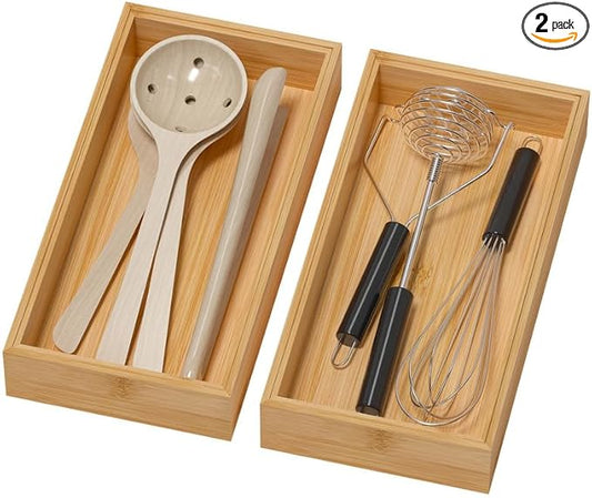 Bamboo Drawer Organizer - Silverware & Utensil Organizer, Stackable, 2 Pcs, Wooden Storage Box Tray (Bamboo, 12 X 6 X 2 Inch)-NeatNest