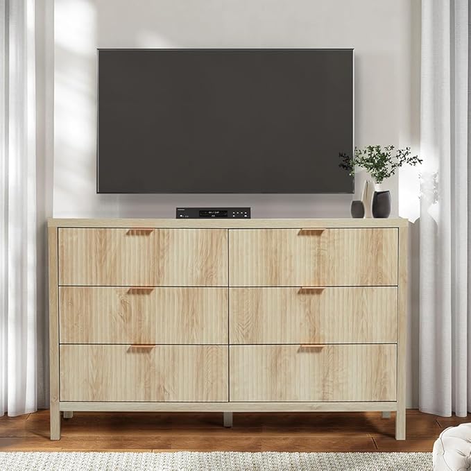 6 Drawer Dresser Cabinet, Long Nightstand with Drawers and Storage Cabinet, Boho Solid Wood Dresser TV Stand, Mid Century Modern Nightstand with 6 Drawer Dresser for Bedroom Closet (Natural)