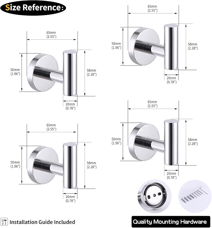 GERZWY Bathroom Towel Hook SUS 304 Stainless Steel Coat/Robe Clothes Hook for Bath Kitchen Modern Hotel Style Wall Mounted 4 Pack Polished Finish AG1307B-JG