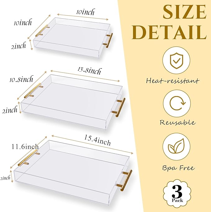 3 Pack Clear Acrylic Serving Tray with Gold Handles Serving Tray Spill Proof Acrylic Bathroom Decorative Tray Organizer for Coffee Table Countertop Appetizer Breakfast Vanity