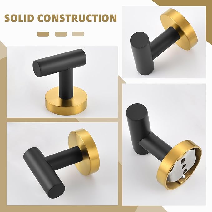 Angle Simple Black & Gold Towel Hook 2 PCS, Stainless Steel Bathroom Robe Holder, Round Coat Hand Towel Hanger, Wall Mounted