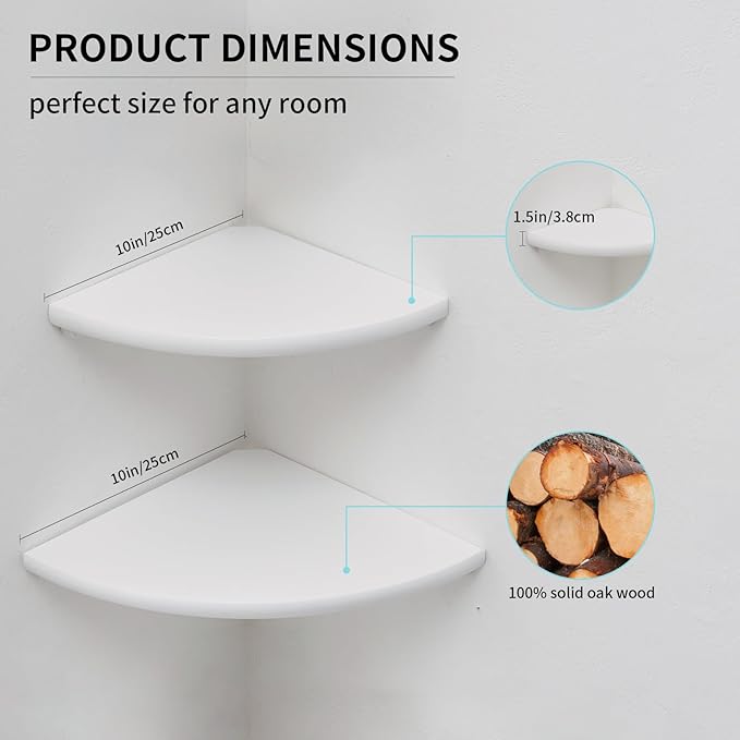 Corner Shelf, White Floating Corner Shelf, Set of 2 10inch Solid Oak Wood Wall Shelves, Round End Wall Mount with Wire Hole for Small Plant for Bedroom Kitchen, Living Room-NeatNest