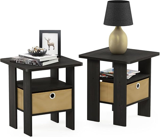Furinno Andrey Set of 2 End / Side Table / Night Stand / Bedside Table with Bin Drawer, Espresso