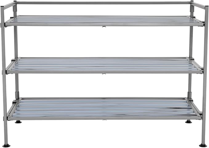 Seville Classics Sturdy Freestanding Storage Shelf for Bedroom, Closet, Entryway, Dorm Room Organizer Stackable Durable Metal Shoe Rack Silver Mist Slat, 3-Tier-NeatNest