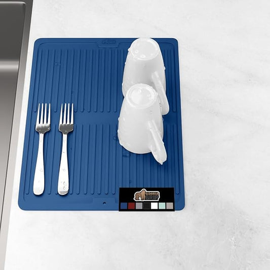 GORILLA GRIP 100% BPA-Free Patented Silicone Dish Drying Mat for Kitchen Counter, Water Catching Ribbed Design, Easy Clean Waterproof Sink Liner, Heat Resistant, Fits Under Rack, 13x11 Inch, Blue