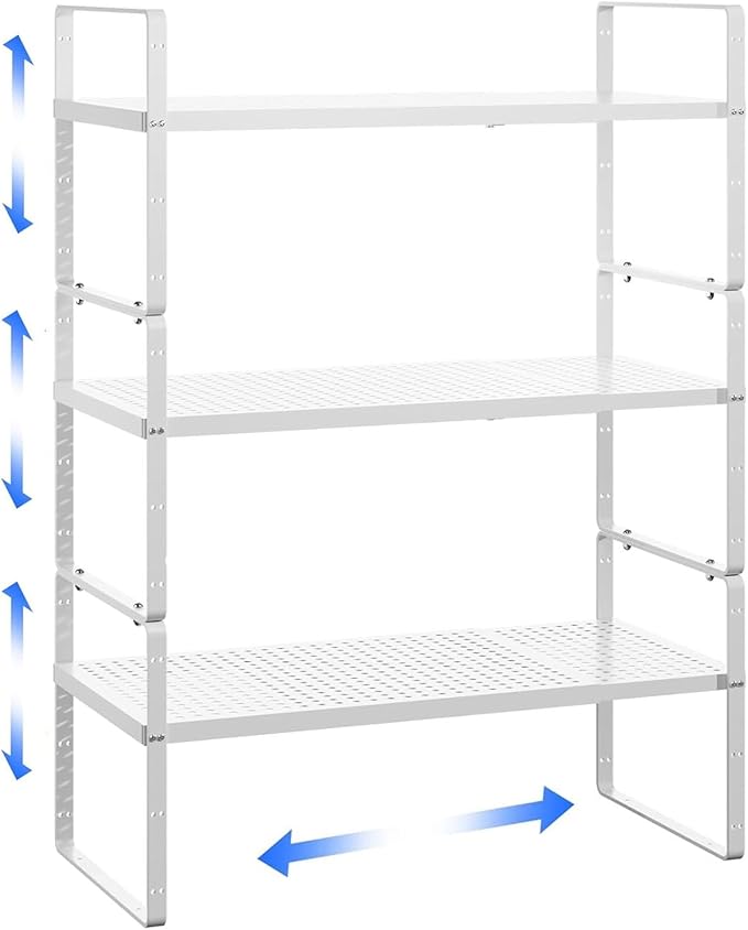 Expandable Kitchen Cabinet Shelf Organizer Rack Heavy Duty Metal Spice Rack Stackable Kitchen Counter Storage Shelf for Kitchen Cabinet Pantry Bathroom (White - 16.5"-27" L x 10.2" W x 9.6" H - 3Pack)-NeatNest
