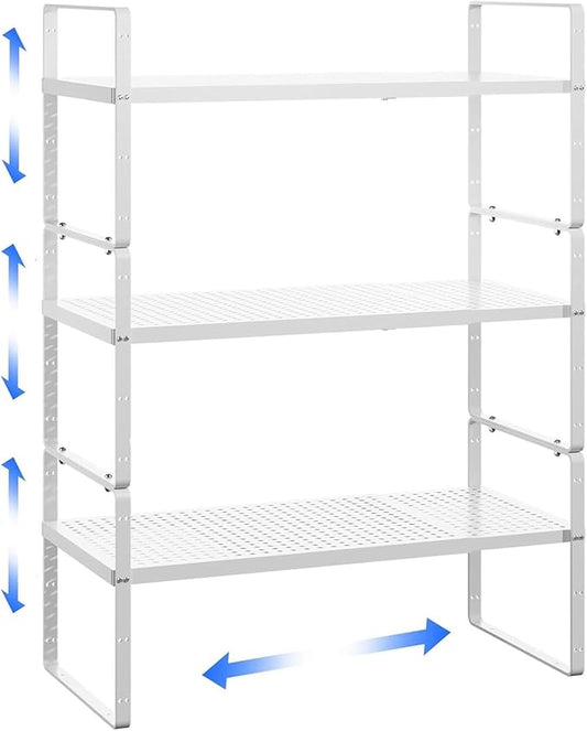 Expandable Kitchen Cabinet Shelf Organizer Rack Heavy Duty Metal Spice Rack Stackable Kitchen Counter Storage Shelf for Kitchen Cabinet Pantry Bathroom (White - 16.5"-27" L x 10.2" W x 9.6" H - 3Pack)-NeatNest