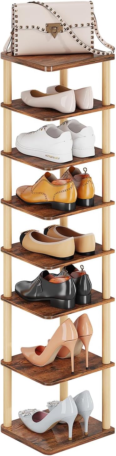 LUCKNOCK Vertical Shoe Rack, 8-Tier Tall Narrow Shoe Organizer for Entryway, Closet, Dorm & Small Spaces, Freestanding Wooden Shoe Shelf Tower for Boots, Sneakers, Heels. (Rustic Brown)-NeatNest