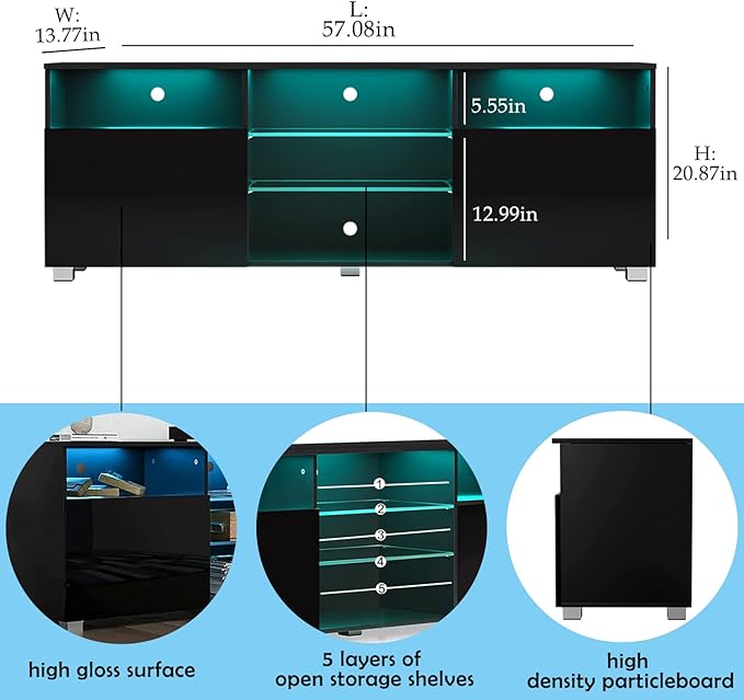 High Glossy LED Black TV Stand for 55/60/65 inch TV,Modern LED Entertainment Center with Adjustable Storage Shelves,Game Console Entertainment Center,TV Table Media Furniture (57inch, Black)-NeatNest