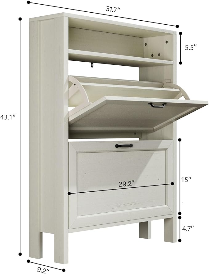 Shoe Cabinet with 2 Flip Drawers, Narrow Shoe Storage Cabinet, Freestanding Shoe Cabinet Organizer, Hidden Shoe Rack Cabinet for Entryway, Hallway (2-Drawers, Off White)-NeatNest