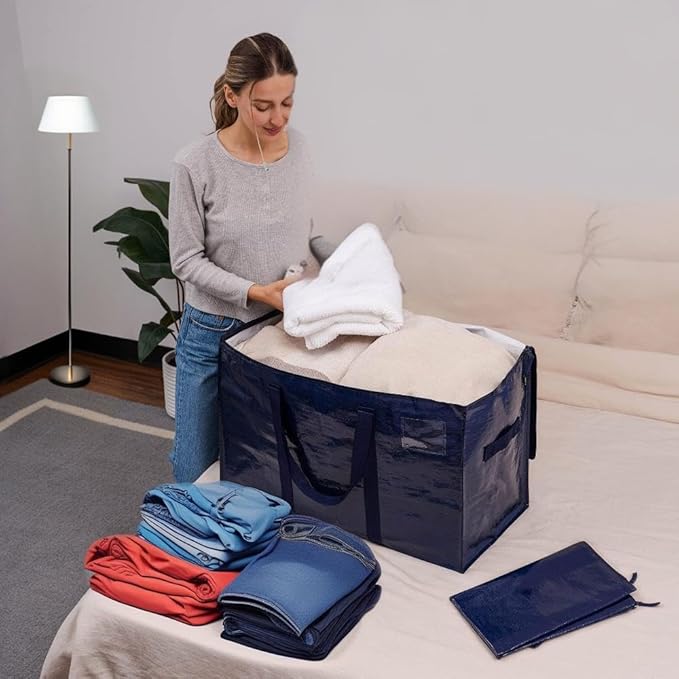 Extra Heavy Duty Large Moving Bags with Strong Zipper & Comfortable Handles, Sturdy & Durable Clothes Storage Bags Totes Bins, Dark Blue Packing Moving Boxes (1-pack)