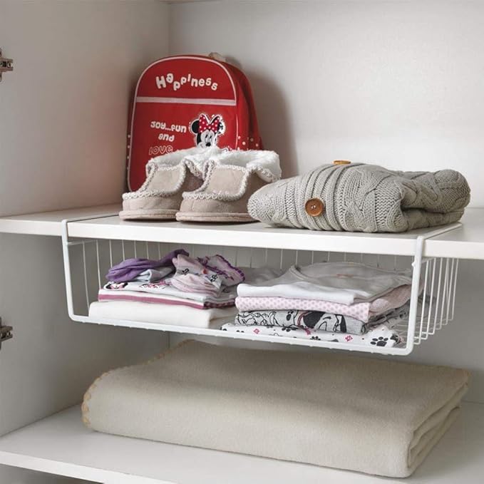 Under Shelf Wire Storage Baskets – Hanging Organizer Rack for Cabinet, Pantry, or Closet – White Metal Basket for Kitchen, Towels, or Office – No Tools Required (Set of 2 19")-NeatNest