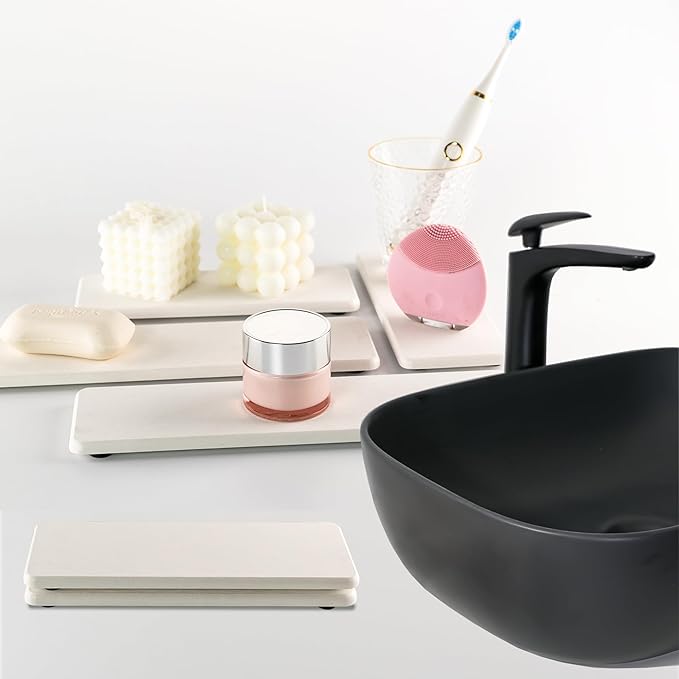 2 Pcs Water Absorbing Stone Trays, Kitchen/Bathroom Sink Soap Dish, Diatomite Tray Used for Hand Soap & Cosmetic Bottles in The Modern Home, 3.15" W x 8.7" L, White-NeatNest