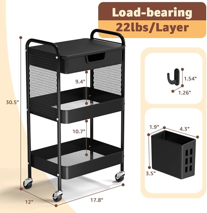 3 Tier Rolling Cart with Drawer, Metal Rolling Utility Cart on Wheels with Pegboard, Art Cart Storage Organizer with Tabletop for Living Room, Office, Bedroom (Black)-NeatNest