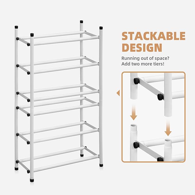 STORAGE MANIAC Expandable Shoe Rack, 12 Pairs Stackable Small Shoe Rack, Metal Adjustable Shoes Organizer for Closet, Entryway, Hallway, Garage, Front Door, Shoes Shelves, White 3 Tier-NeatNest