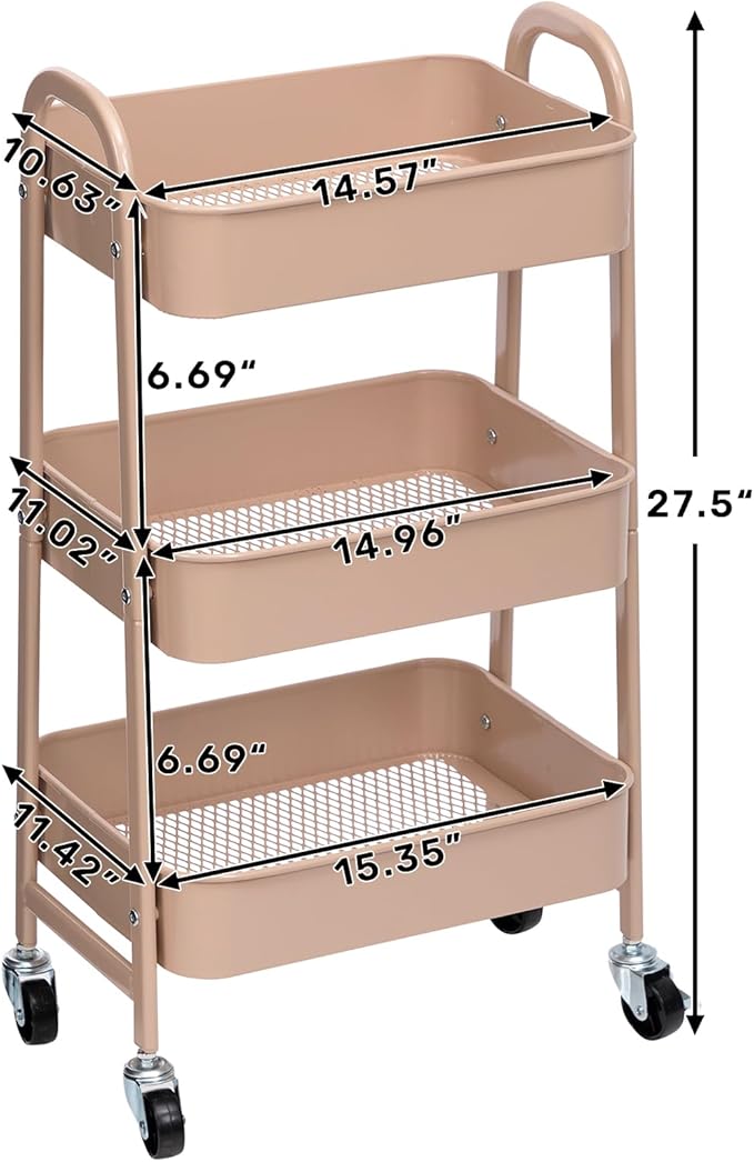 AGTEK Makeup Cart, Movable Rolling Organizer Cart, 3 Tier Metal Utility Cart with Lockable Wheels for Home & Office, Milk Tea-NeatNest