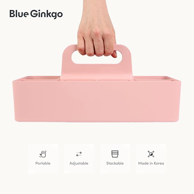 BLUE GINKGO Stackable Organizer Caddy – Korean-Made Portable Tote for Bathroom, Office, Crafts, or School Supplies (Long Rectangle, Pink)-NeatNest